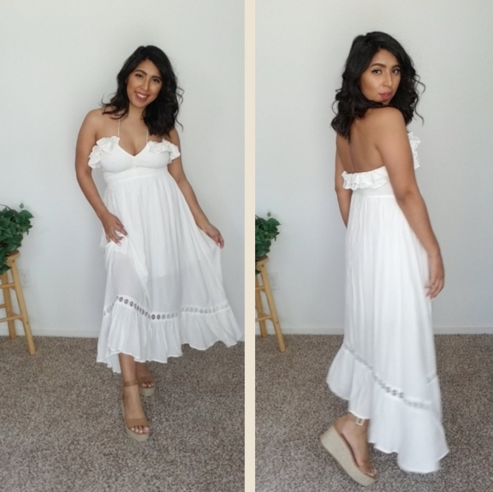 DOVES AND ROSES WHITE RUFFLE SMOCKED MIDI DRESS - Picture 9 of 16